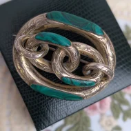 Antique Silver Scottish Malachite Large Knot Brooch Victorian Ornate Etched Pin