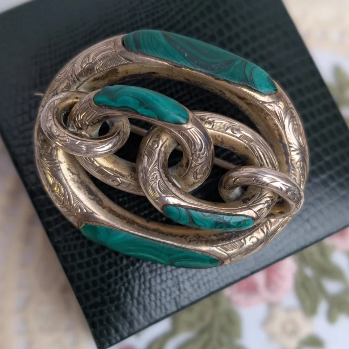 Antique Silver Scottish Malachite Large Knot Brooch Victorian Ornate Etched Pin