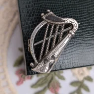 Vintage Sterling Silver Harp Brooch Inlaid Shamrock Pin