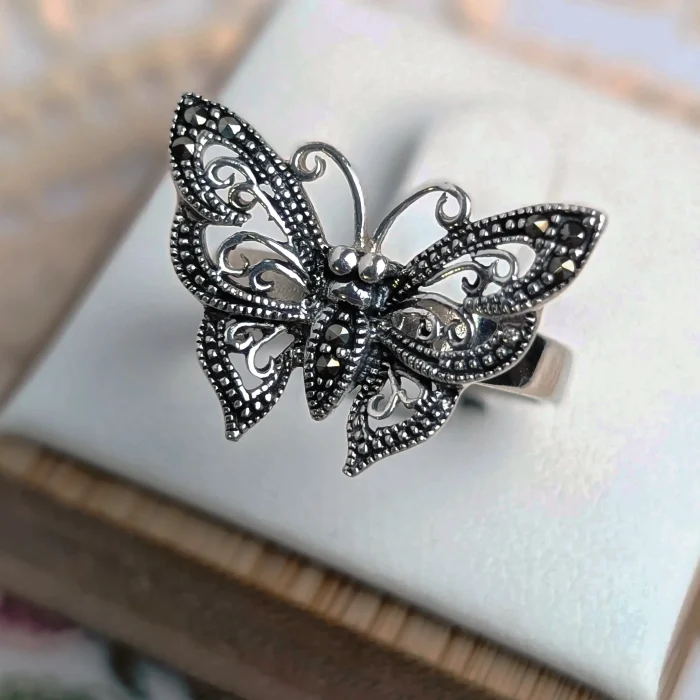 Sterling Silver Butterfly Filigree Marcasite Ring Statement
