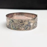 Vintage Sterling Silver Buckle Bangle Charles Horner Wide Ornate Floral Etched - Image 5