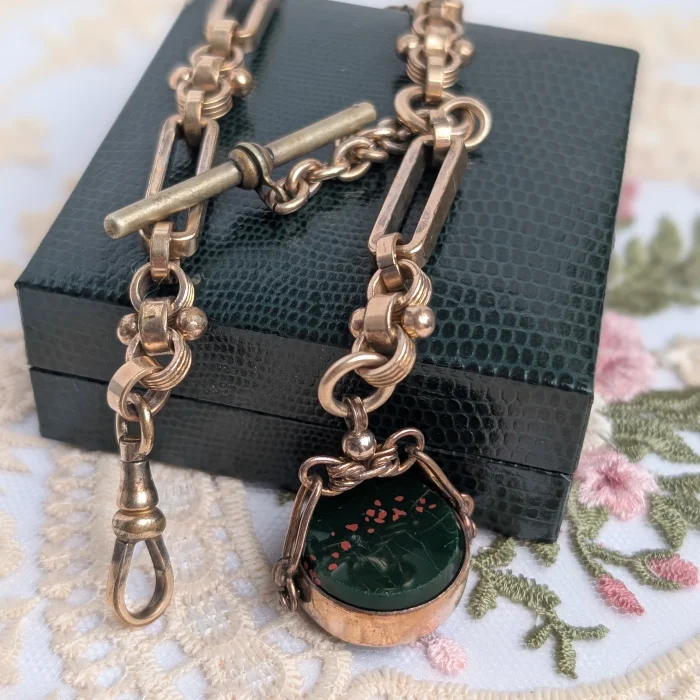 Antique Gold Plated Fancy Link Albert Chain Fob Dog Clip T Bar