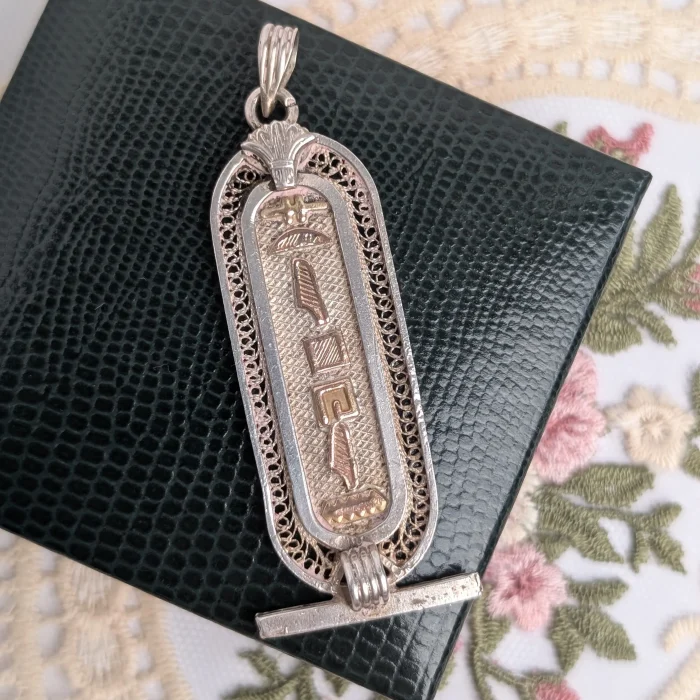Vintage Sterling Silver Egyptian Hieroglyph Pendant Gold Accents