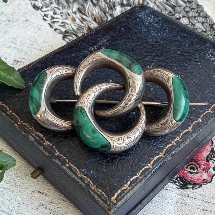 Antique Silver Scottish Malachite Large Knot Brooch Victorian Ornate Etched Pin