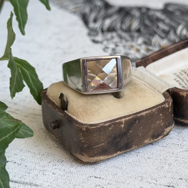 Vintage Sterling Silver Quartz Signet Ring Chunky Faceted Square Band