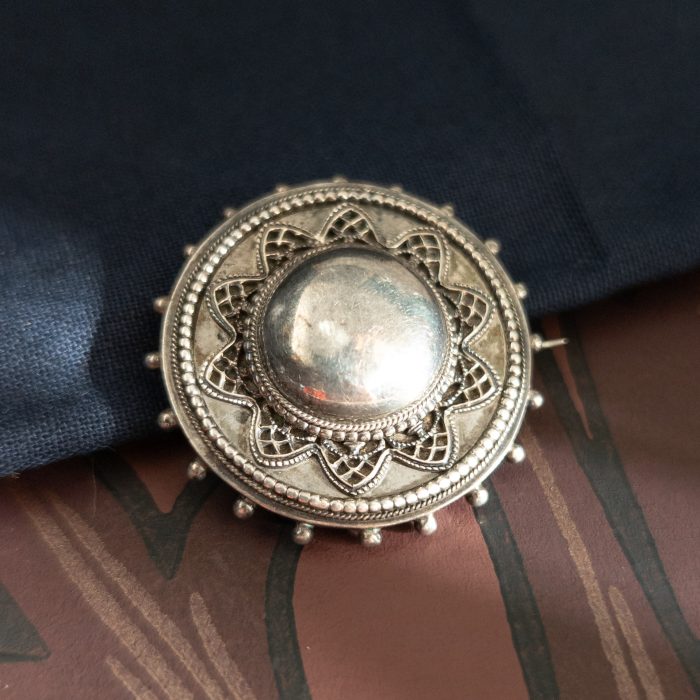 Antique Victorian Silver Round Brooch Domed Filigree Shield