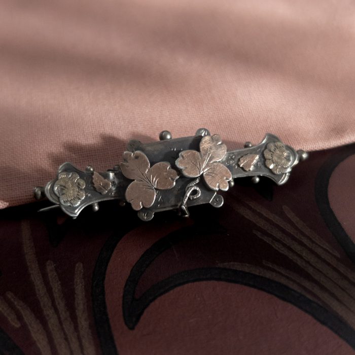 Antique Sterling Silver Gold Accent Ivy Leaf Brooch Victorian Sweetheart