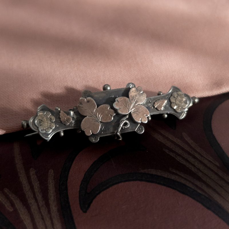 Antique Sterling Silver Gold Accent Ivy Leaf Brooch Victorian Sweetheart