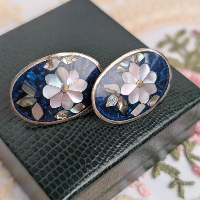 Vintage Silver Abalone Shell Earrings Flower Studs Big Statement