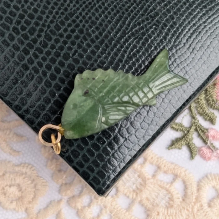 Vintage Green Stone Fish Pendant Charm Good Luck