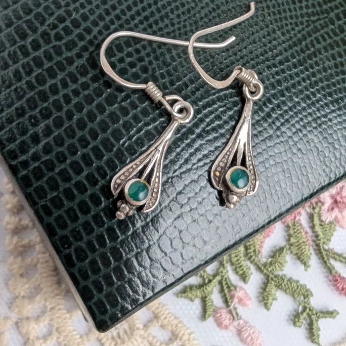 Vintage Sterling Silver Dangle Drop Green Stone Earrings Boho