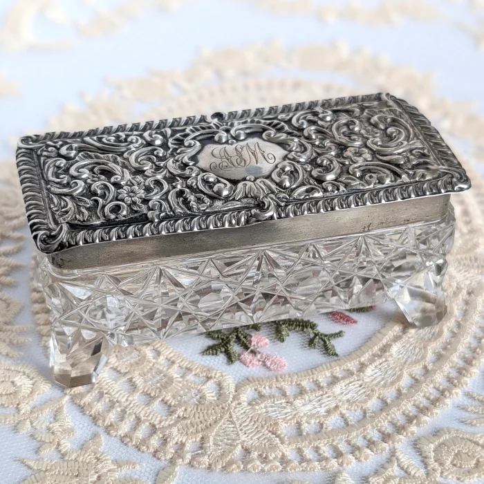 Antique Sterling Silver Topped Cut Glass Trinket Box Edwardian
