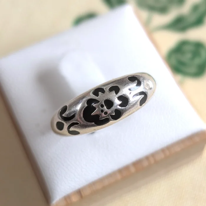 Vintage Sterling Silver Floral Enamel Chunky Stacker Ring 925