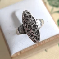 Vintage Sterling Silver Large Oval Statement Ring Pierced Floral