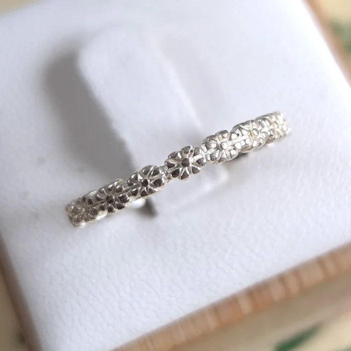 Sterling Silver Floral Flower Dainty Stacking Band Ring 925
