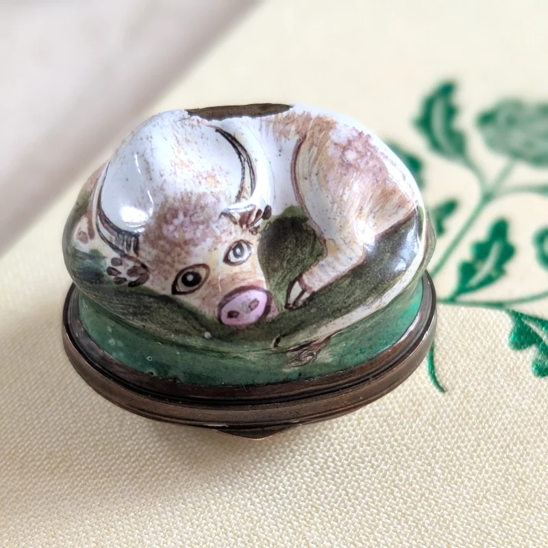 Antique Bilston Patch Box Moulded with a Bull A Token of Regard 1780s