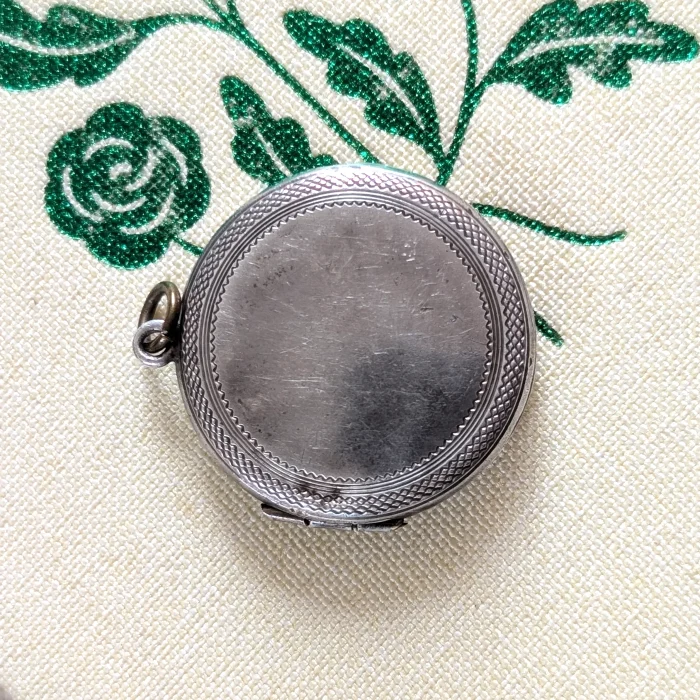 Vintage Silver Round Circle Locket Double Photo Engine Turned