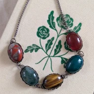 Vintage Silver Cabochon Agate Choker Necklace Tigers Eye