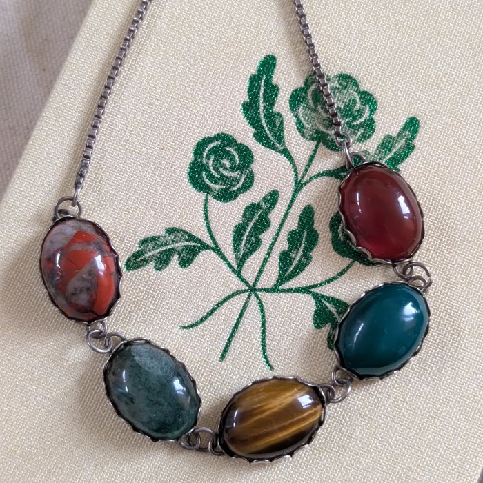 Vintage Silver Cabochon Agate Choker Necklace Tigers Eye