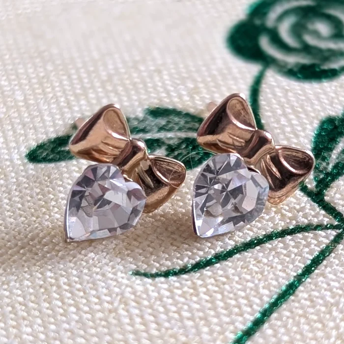 Vintage 9ct Gold Andralok Love Heart Bow Crystal Stud Earrings