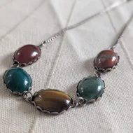 Vintage Silver Cabochon Agate Choker Necklace Tigers Eye Box Chain - Image 4
