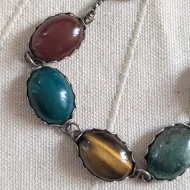 Vintage Silver Cabochon Agate Choker Necklace Tigers Eye Box Chain - Image 7