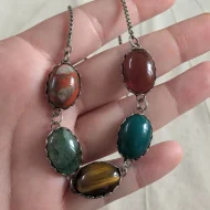 Vintage Silver Cabochon Agate Choker Necklace Tigers Eye Box Chain - Image 2