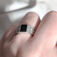 Vintage Sterling Silver Black Enamel Signet Ring - Image 3