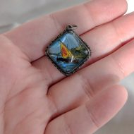 Vintage Sterling Silver Morpho Butterfly Wing Pendant, Sailing Boat Paradise Scene - Image 2