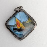 Vintage Sterling Silver Morpho Butterfly Wing Pendant, Sailing Boat Paradise Scene - Image 3