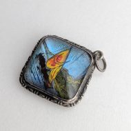 Vintage Sterling Silver Morpho Butterfly Wing Pendant, Sailing Boat Paradise Scene - Image 8