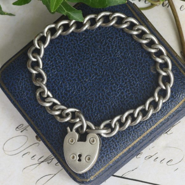 Vintage Silver Heart Padlock Charm Bracelet Curb Link Chain