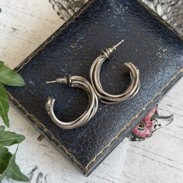 Vintage Silver Wire Chunky Hoop Earrings Brutalist Modernist Handmade Heavy