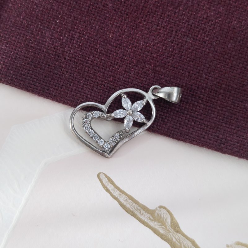 Sterling Silver Love Heart Flower Sparkly CZ Pendant