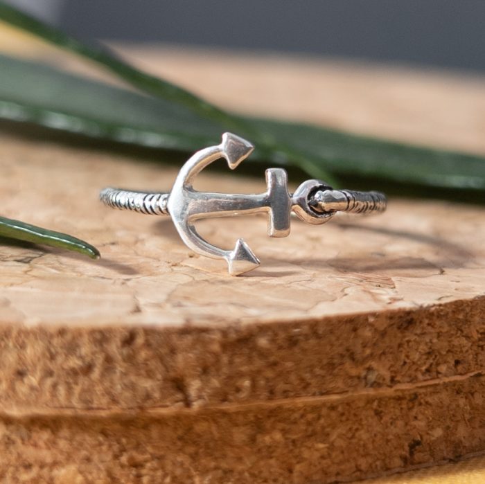 Sterling Silver Dainty Anchor Ring Ribbed Band