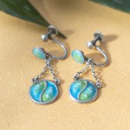 Vintage Sterling Silver Peacock Enamel Screw Back Earrings Dangle Drop Art Nouveau Arts and Crafts