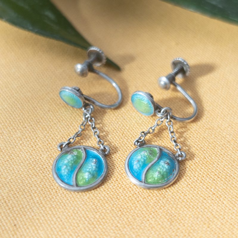 Vintage Sterling Silver Peacock Enamel Screw Back Earrings Dangle Drop Art Nouveau Arts and Crafts