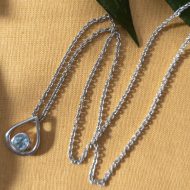 Vintage Sterling Silver CZ Teardrop Blue Pendant Necklace