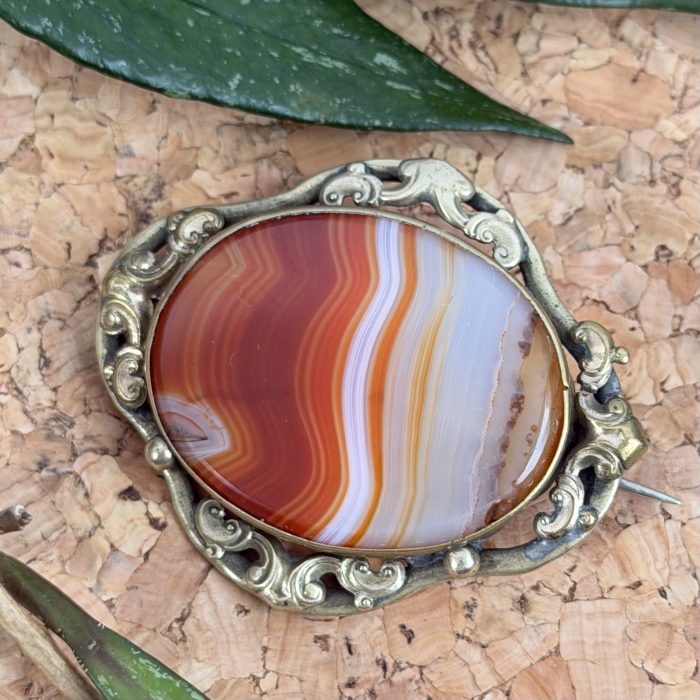 Antique Victorian Banded Agate Ornate Gilt Brooch