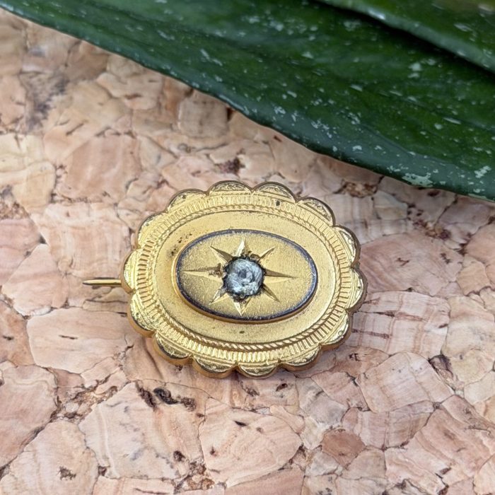 Antique Gilt Etruscan Revival Mourning Brooch Victorian Paste
