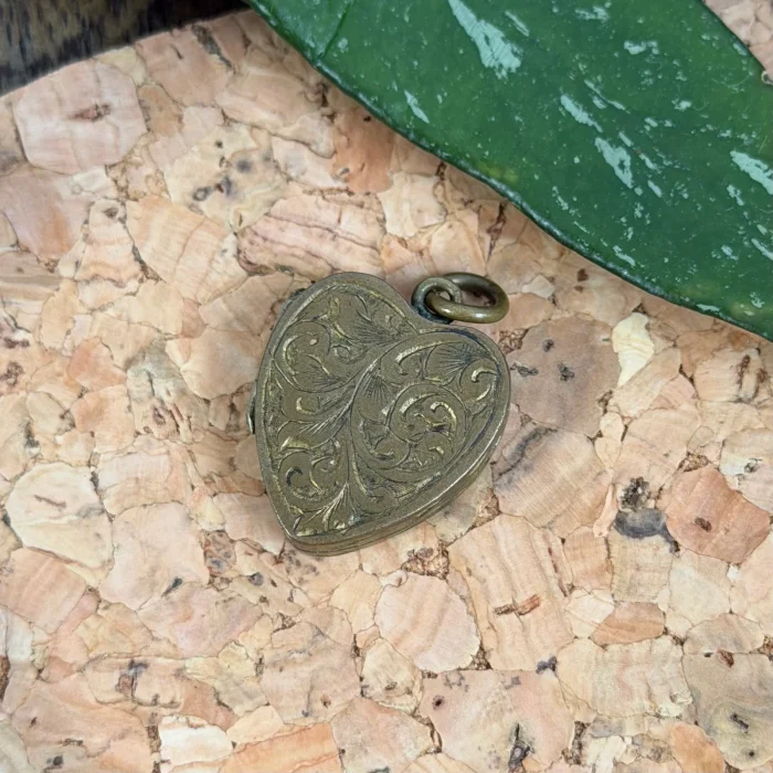 Antique Brass Engraved Heart Photo Locket Pendant