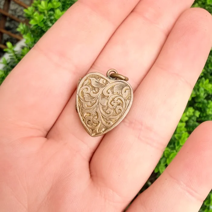 Antique Brass Engraved Heart Photo Locket Pendant - 2
