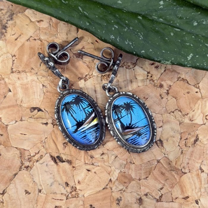 Vintage Thomas Mott Vintage 1920's Tropical Scene Sterling Silver Butterfly Wing Art Dangle Earrings