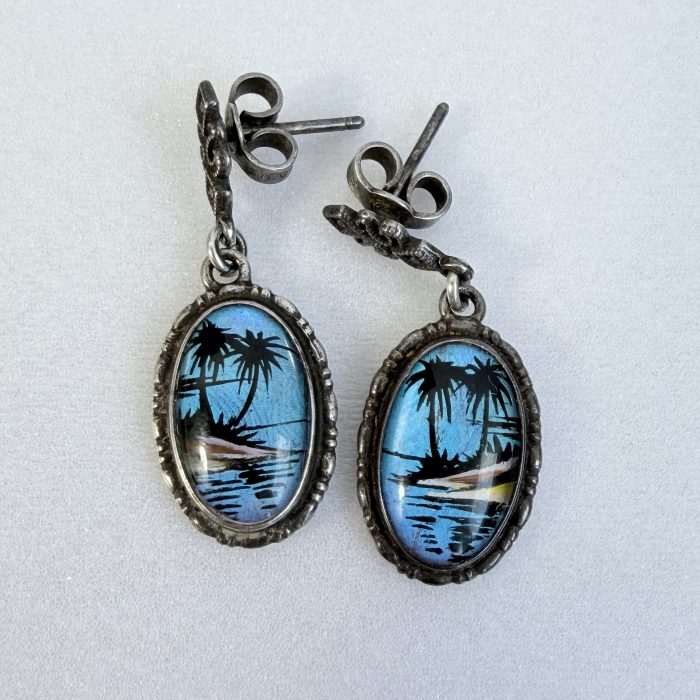 Vintage Thomas Mott Vintage 1920's Tropical Scene Sterling Silver Butterfly Wing Art Dangle Earrings - 2