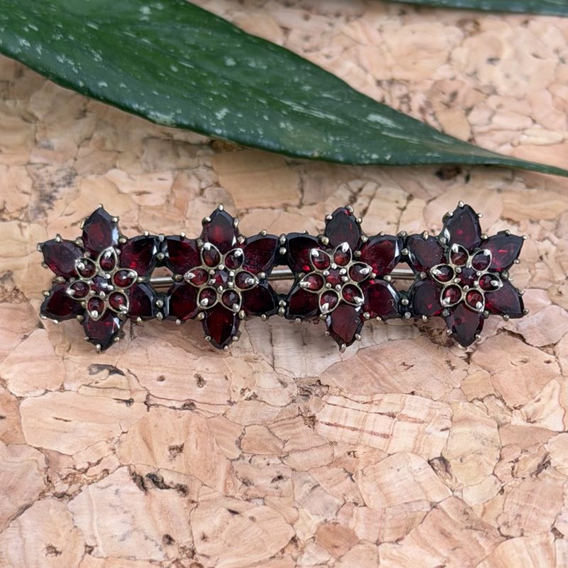 Antique Victorian Gilt Garnet Flower Bar Brooch