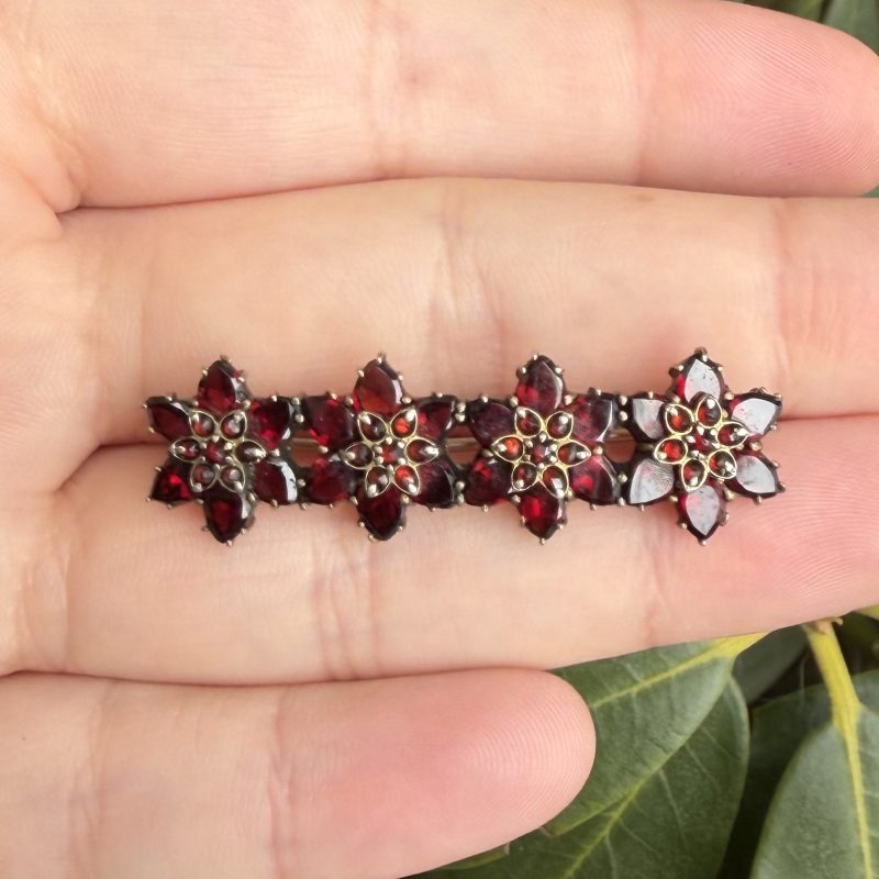 Antique Victorian Gilt Garnet Flower Bar Brooch - 11
