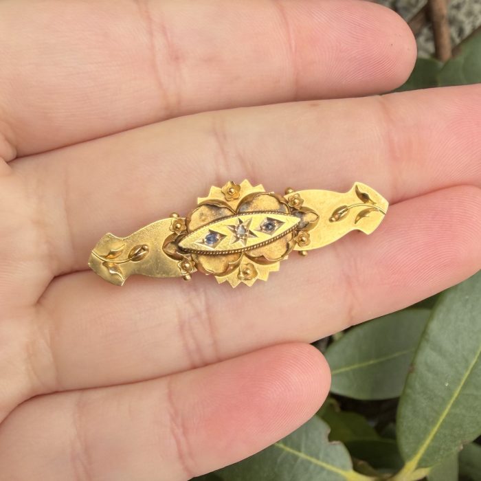 Antique 15ct Gold Diamond Sapphire Etruscan Revival Bar Brooch Chester Hallmarked - 11
