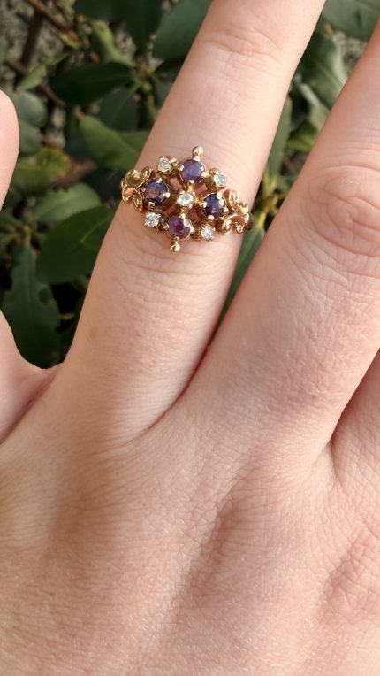 Vintage 9ct Gold Ruby Diamond Ornate Fancy Cluster Ring - 19
