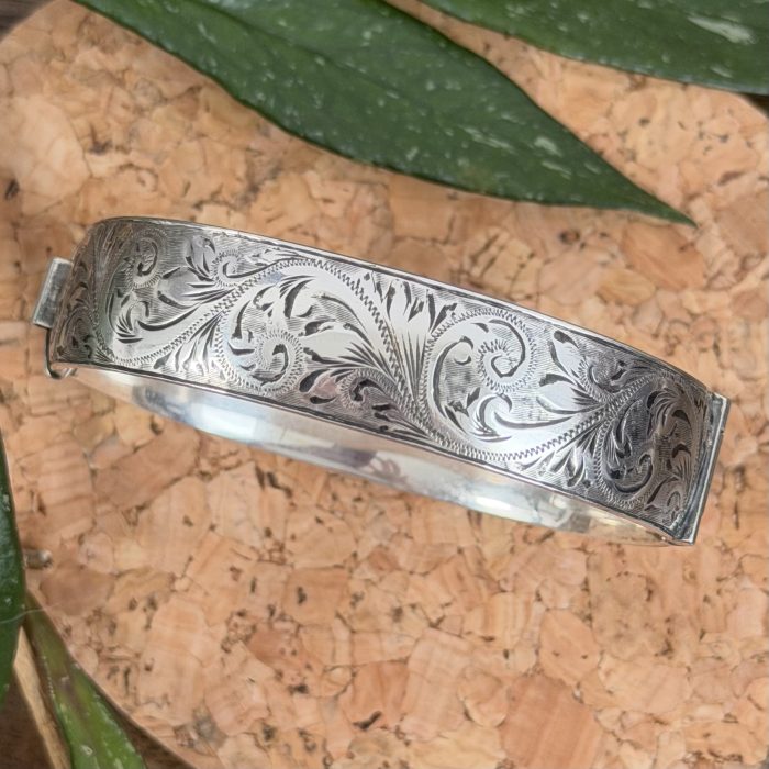 Vintage Sterling Silver Floral Etched Hinged Bangle Hallmarked