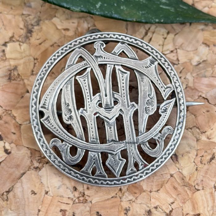 Antique Victorian Monogrammed Silver Round Puzzle Pendant Brooch
